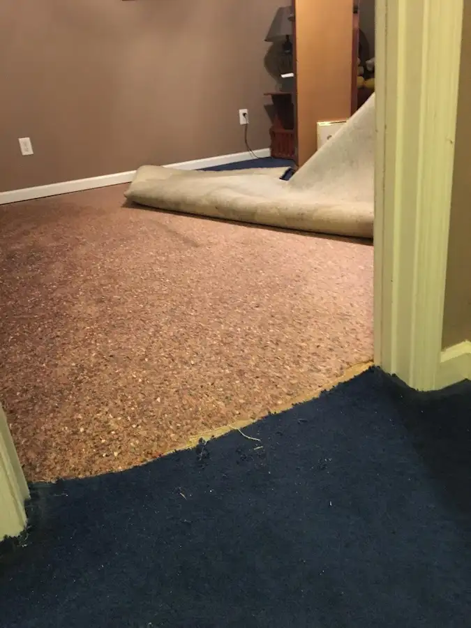 Carpet pad removal revealing water damage during Water Mitigation Services in SeaTac